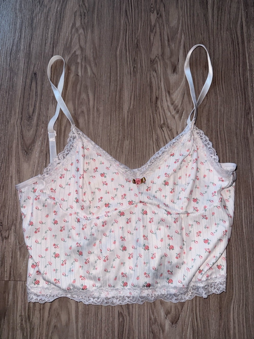 Floral Lace Trim Cami - White with Pink Roses